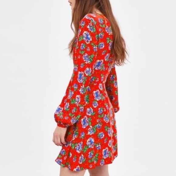 Zara | NWT Red Floral Wrap V-Neck Ruched 3/4-Length Sleeve Dress XS - Picture 9 of 13